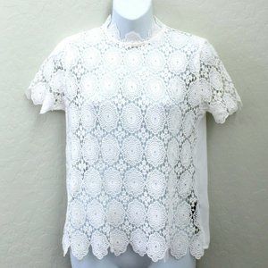 Who What Where Short Sleeve Lace Embroidered Sheer Top Size S - White